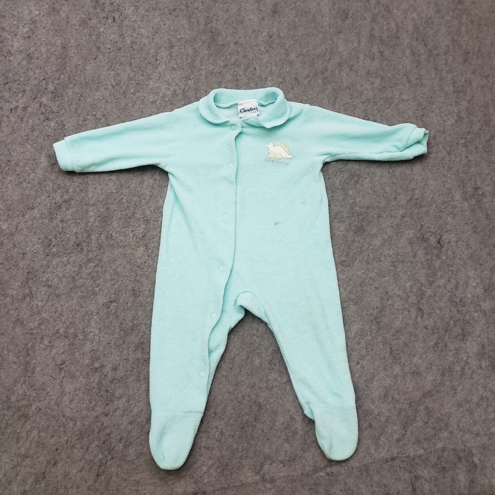 VINTAGE Carters One Piece Baby Boys 0-3M Blue Dinosaurs Button Up Sleeper 90s‎